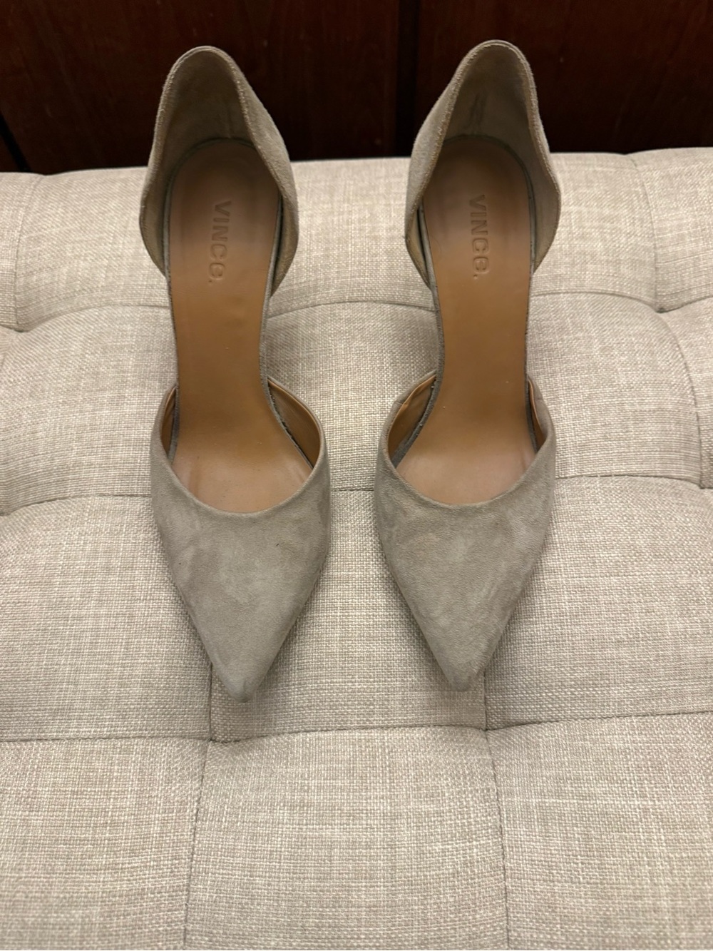Vince Taupe Suede Pointed D'Orsay Heels